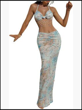 Beaded Chain Open Back Halter Maxi Dress Fishtail Ruched Bust Concert Outfit